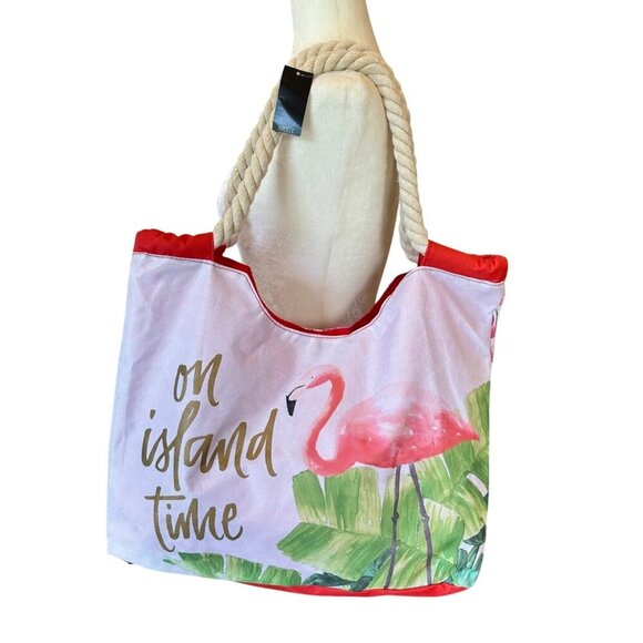 Flamingo Print Tote Bag Tropical Rope Handles Beach Pool Travel Large Vacation - Picture 1 of 13